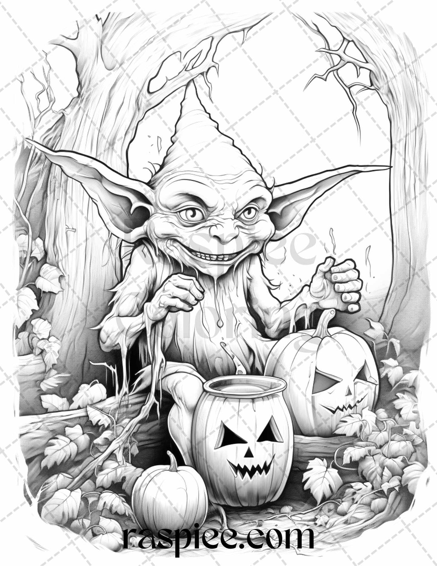 50 Halloween Goblin Grayscale Coloring Pages Printable for Adults, PDF File Instant Download