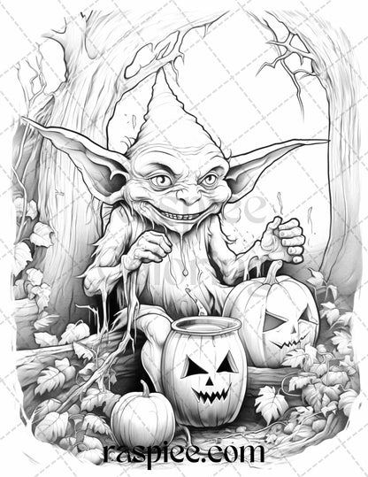 50 Halloween Goblin Grayscale Coloring Pages Printable for Adults, PDF File Instant Download