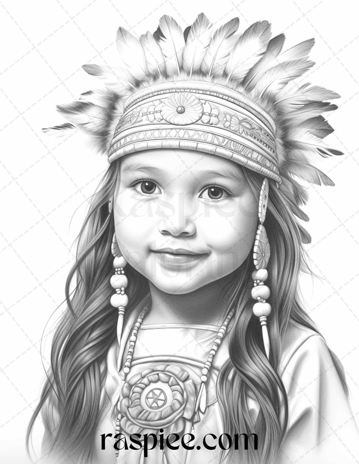 50 Native American Little Girls Boys Grayscale Coloring Pages Printable for Adults Kids, PDF File Instant Download