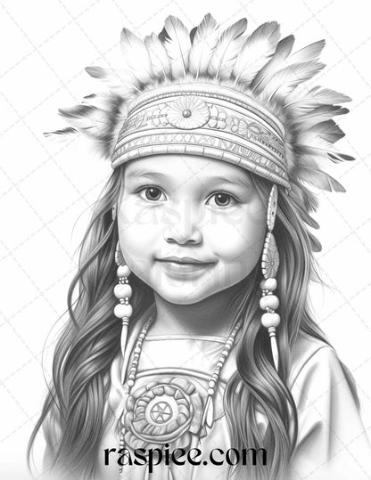 50 Native American Little Girls Boys Grayscale Coloring Pages Printable for Adults Kids, PDF File Instant Download