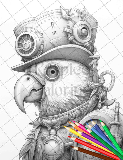 60 Steampunk Animals Grayscale Coloring Pages Printable for Adults, PDF File Instant Download