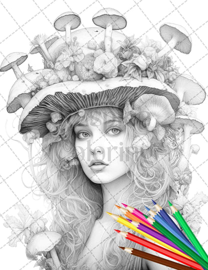 50 Mushroom Fairy Grayscale Coloring Pages Printable for Adults, PDF File Instant Download