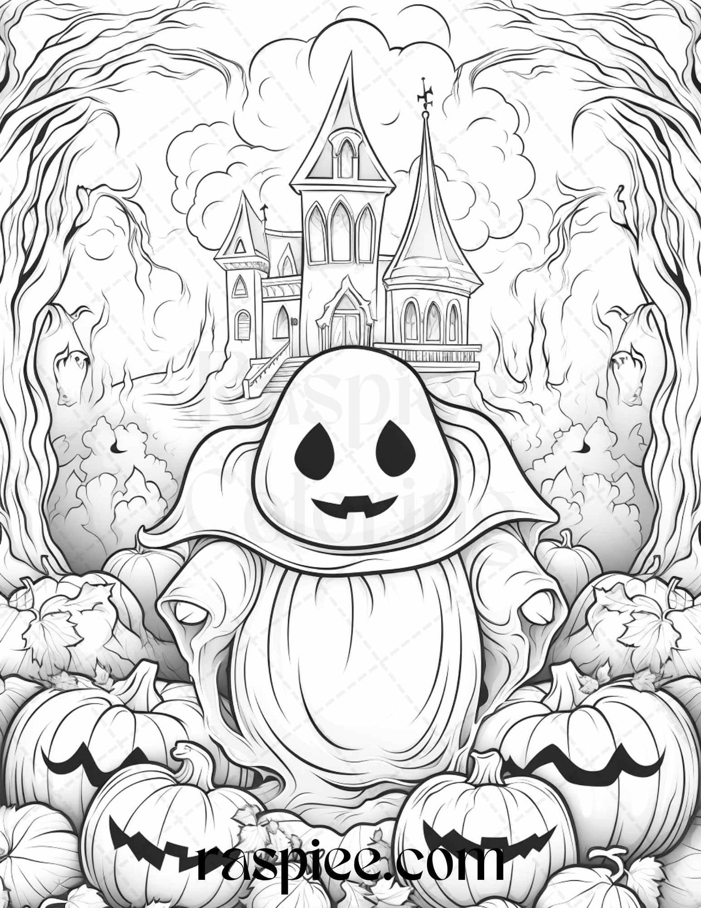 50 Halloween Cute Ghosts Grayscale Coloring Printable for Adults Kids, PDF File Instant Download