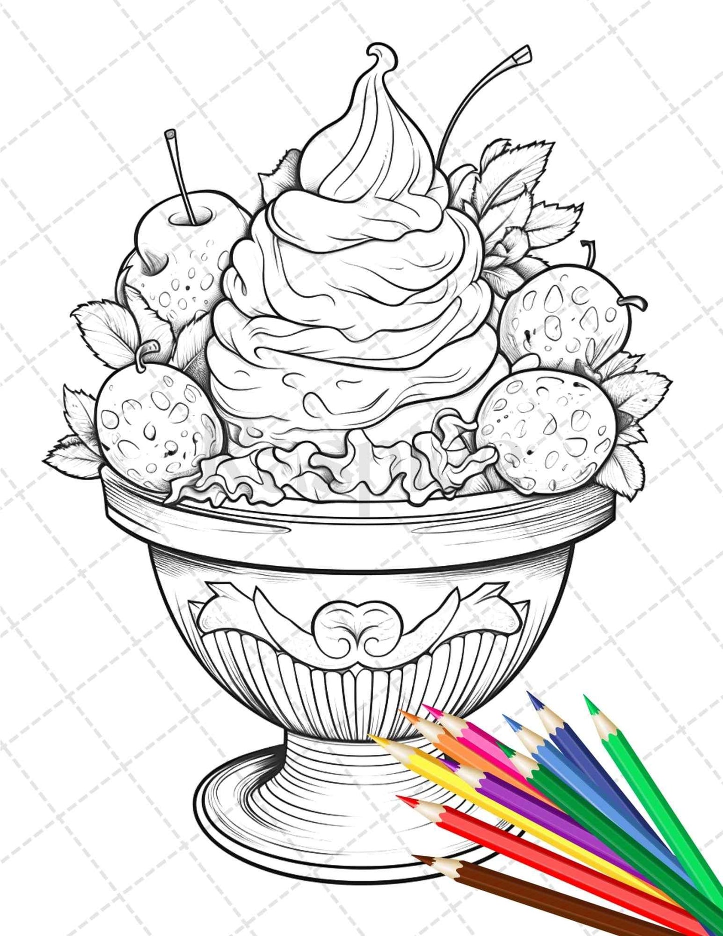 52 Printable Ice Cream Desserts Coloring Pages for Adults and Kids, Grayscale Coloring Page, PDF File Instant Download