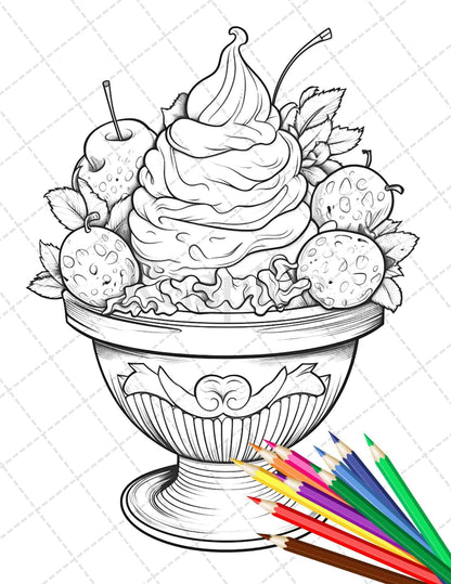 52 Printable Ice Cream Desserts Coloring Pages for Adults and Kids, Grayscale Coloring Page, PDF File Instant Download