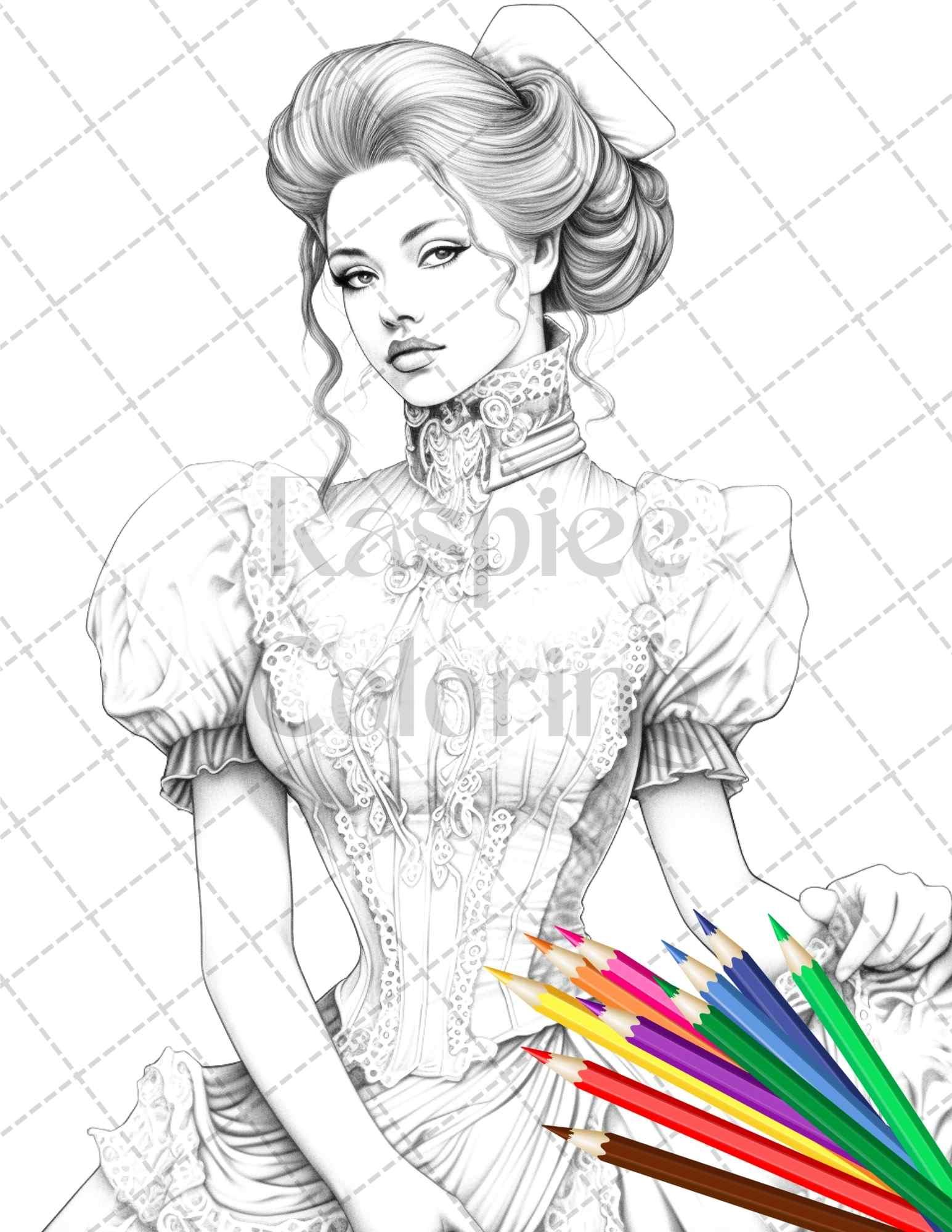50 Victorian Fashion Grayscale Coloring Pages Printable for Adults, PDF File Instant Download