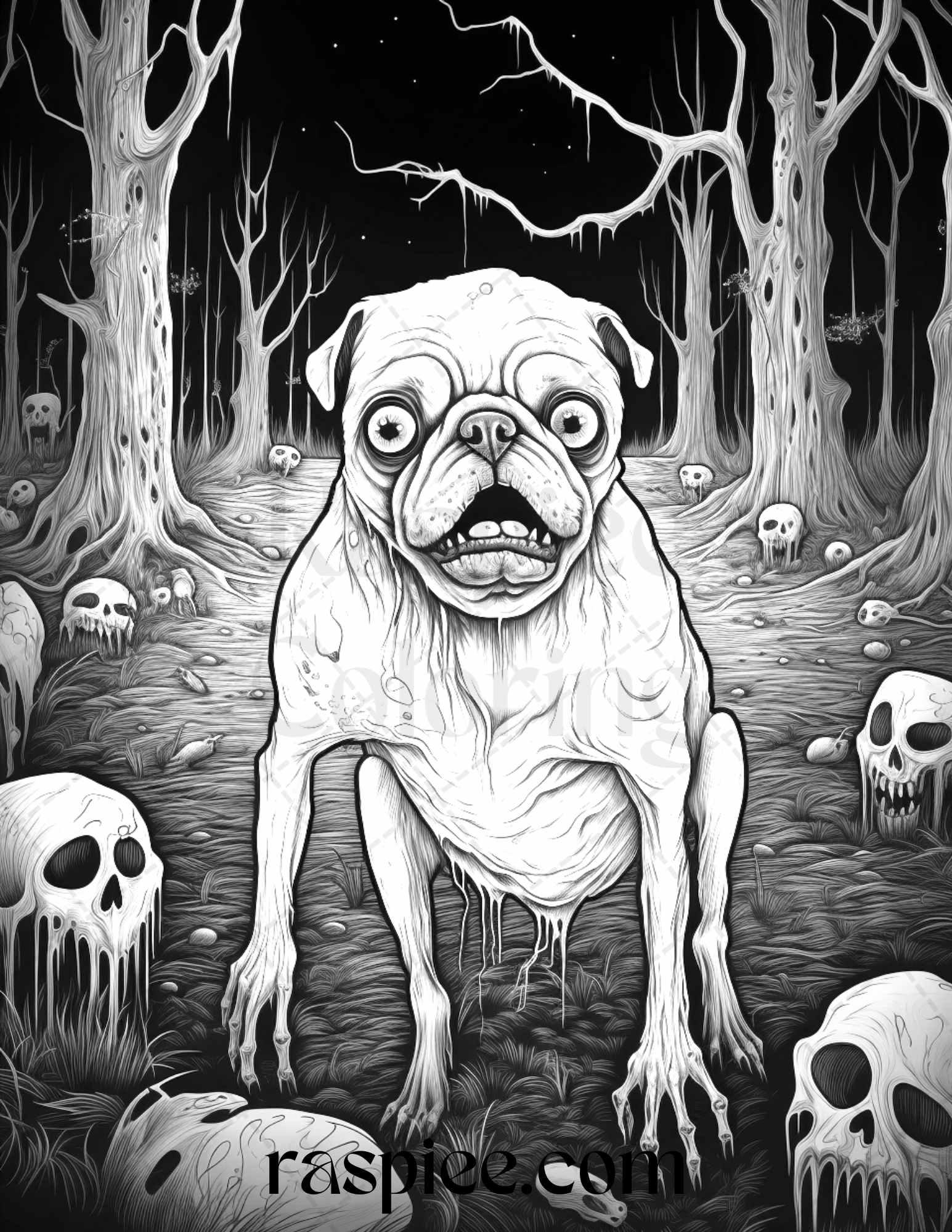 66 Horror Zombie Animals Grayscale Coloring Pages Printable for Adults, PDF File Instant Download