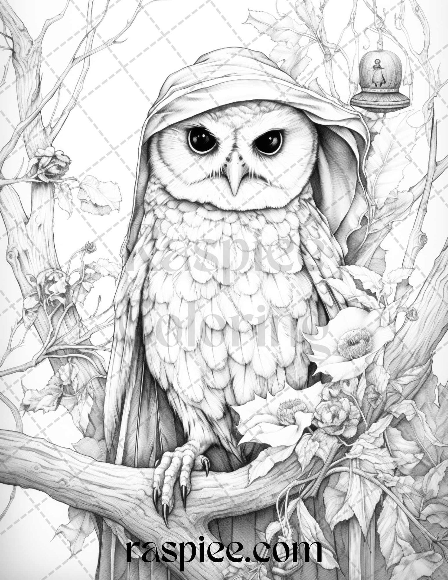 Halloween Witch Owl Grayscale Coloring Pages for Adults and Kids, Printable PDF Instant Download