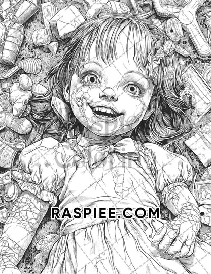 Haunted Dolls Halloween Horror Adult Coloring Pages Printable PDF Instant Download