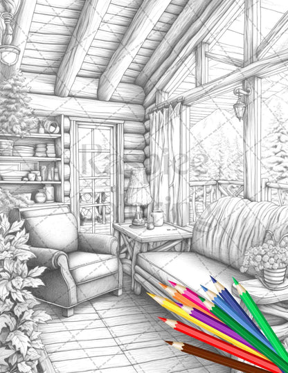 Cozy Cabin Interior Grayscale Coloring Pages Printable for Adults, PDF File Instant Download