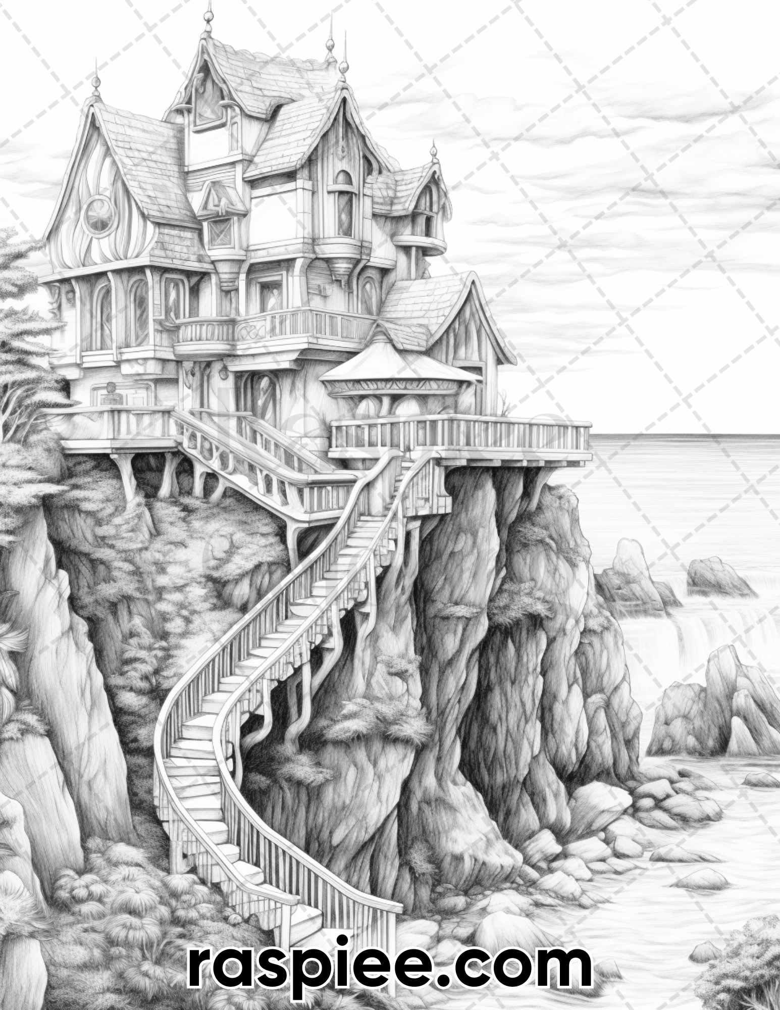 50 Fairy Beach Houses Grayscale Coloring Pages for Adults, Printable PDF Instant Download