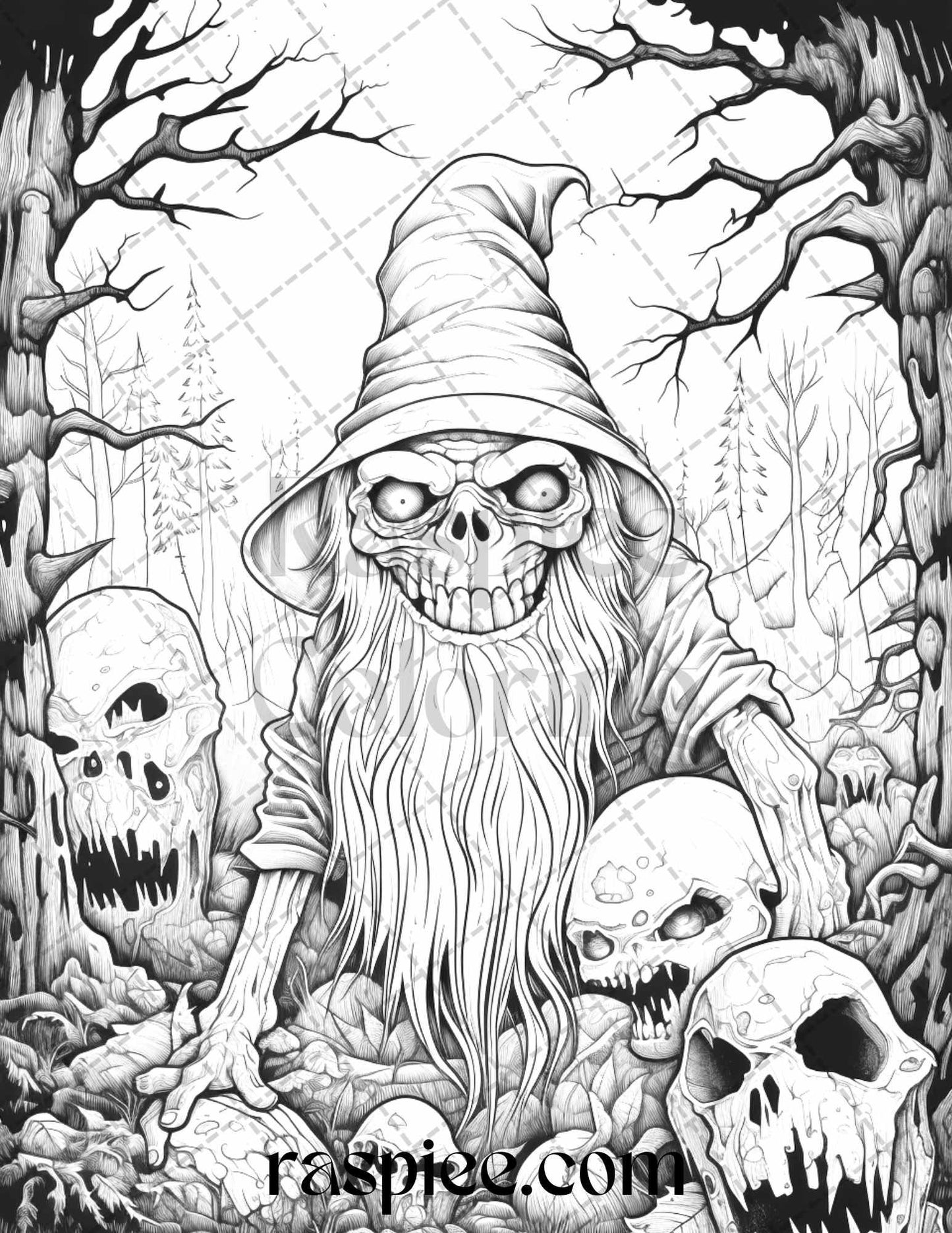 50 Horror Zombie Gnomes Grayscale Coloring Pages Printable for Adults, PDF File Instant Download