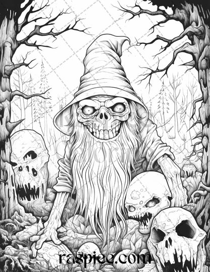 50 Horror Zombie Gnomes Grayscale Coloring Pages Printable for Adults, PDF File Instant Download