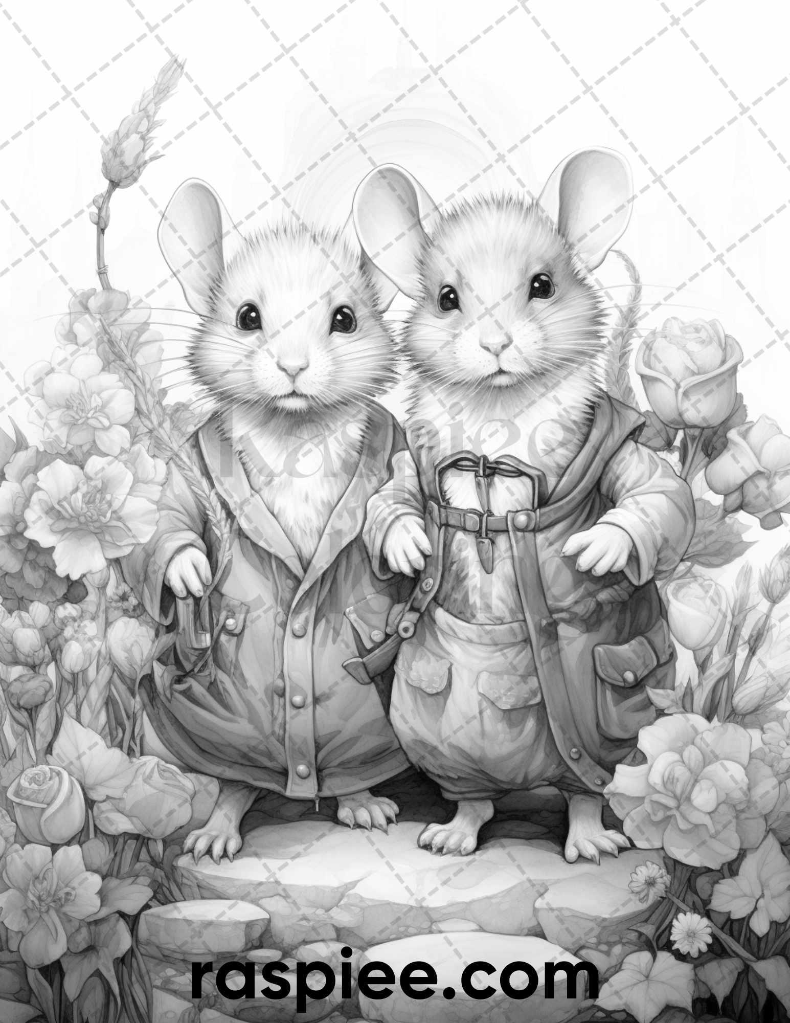 50 Enchanting Fairytale Mice Grayscale Coloring Pages Printable for Adults, PDF File Instant Download