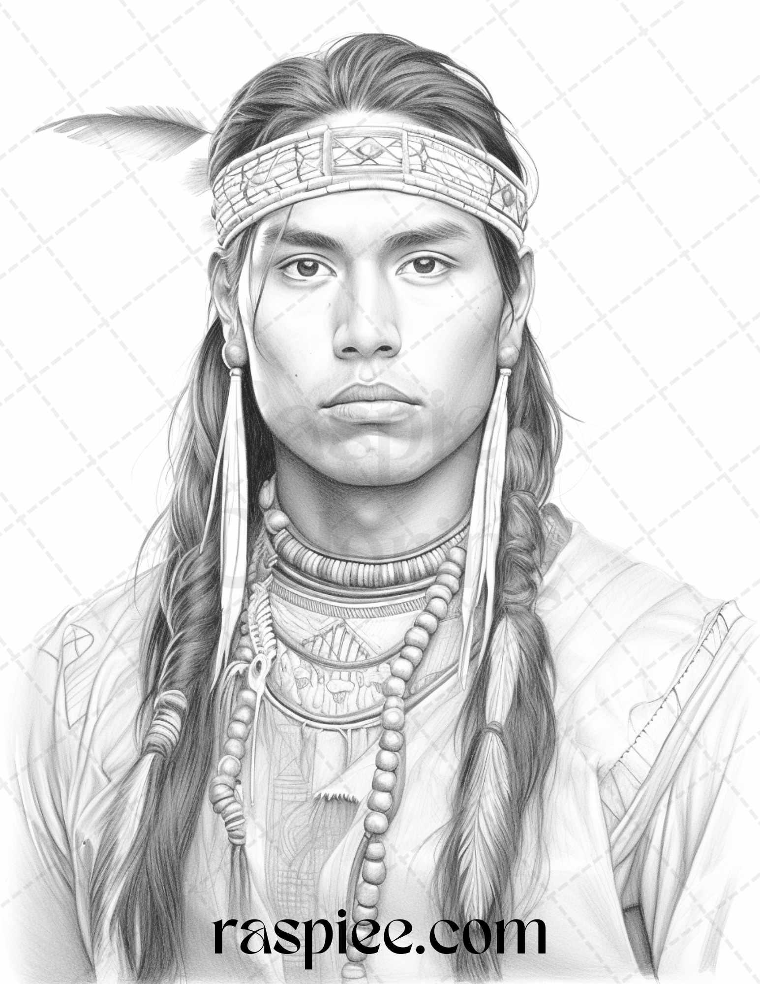 Native American Portrait Grayscale Coloring Pages Printable for Adults, PDF File Instant Download