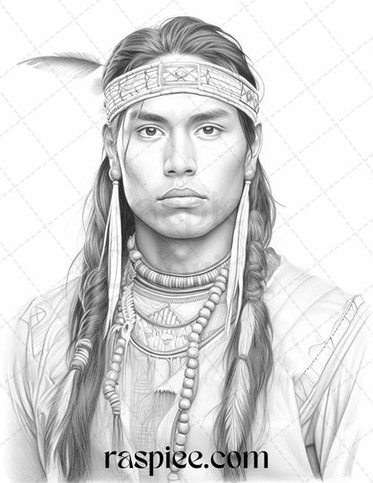 Native American Portrait Grayscale Coloring Pages Printable for Adults, PDF File Instant Download