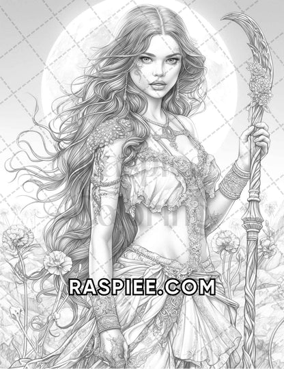 60 Fantasy Beauties Grayscale Adult Coloring Pages Printable PDF Instant Download