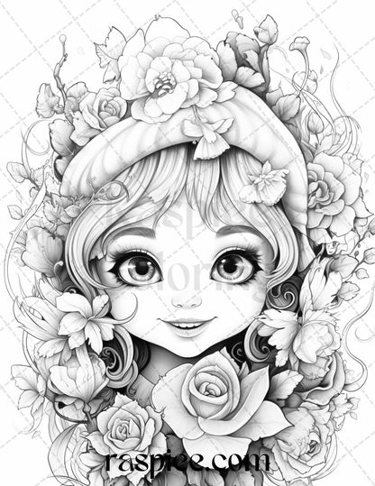 50 Flower Gnomes Grayscale Coloring Pages Printable for Adults Kids, PDF File Instant Download