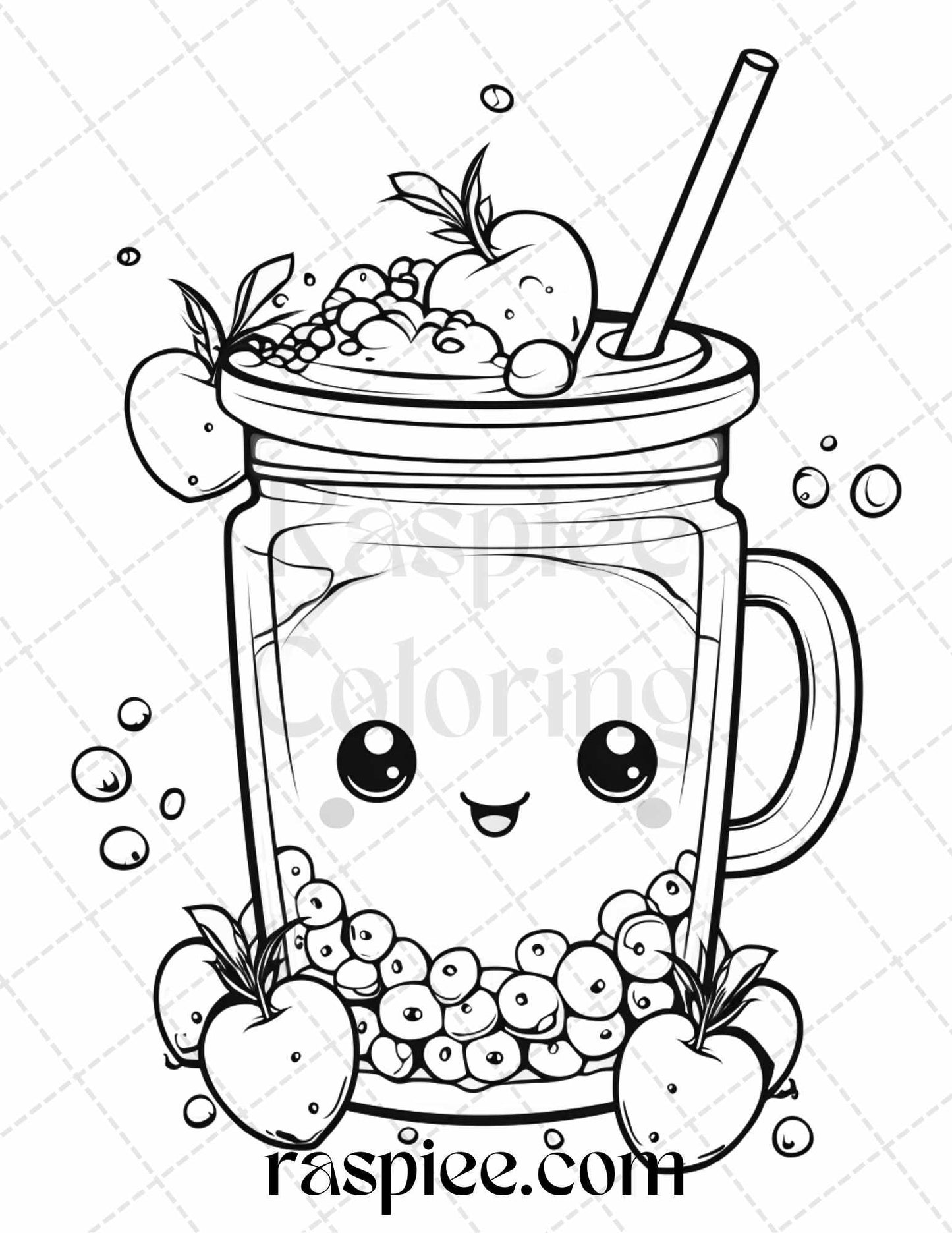 50 Cute Kawaii Boba Tea Grayscale Coloring Pages for Adults and Kids, Printable PDF File Instant Download