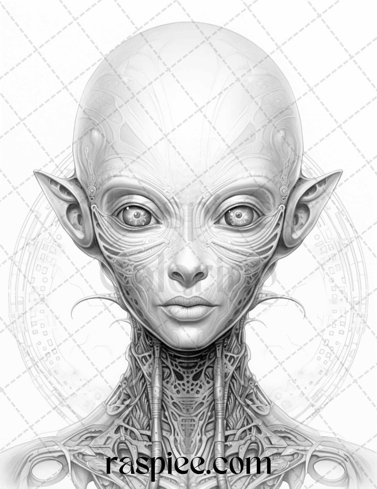 65 Alien Portrait Grayscale Coloring Pages for Adults, Printable PDF File Instant Download