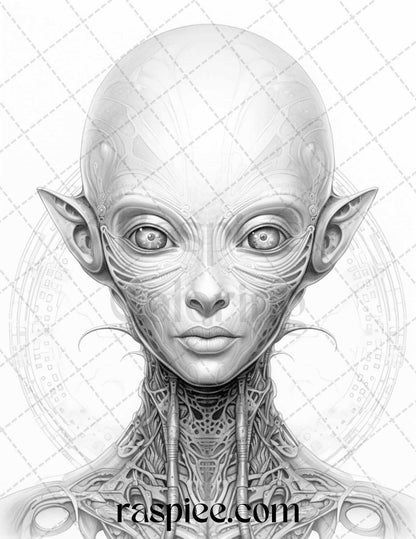 65 Alien Portrait Grayscale Coloring Pages for Adults, Printable PDF File Instant Download