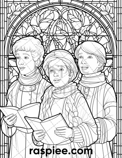 50 Christmas Stained Glass Grayscale Coloring Pages for Adults, Printable PDF File Instant Download