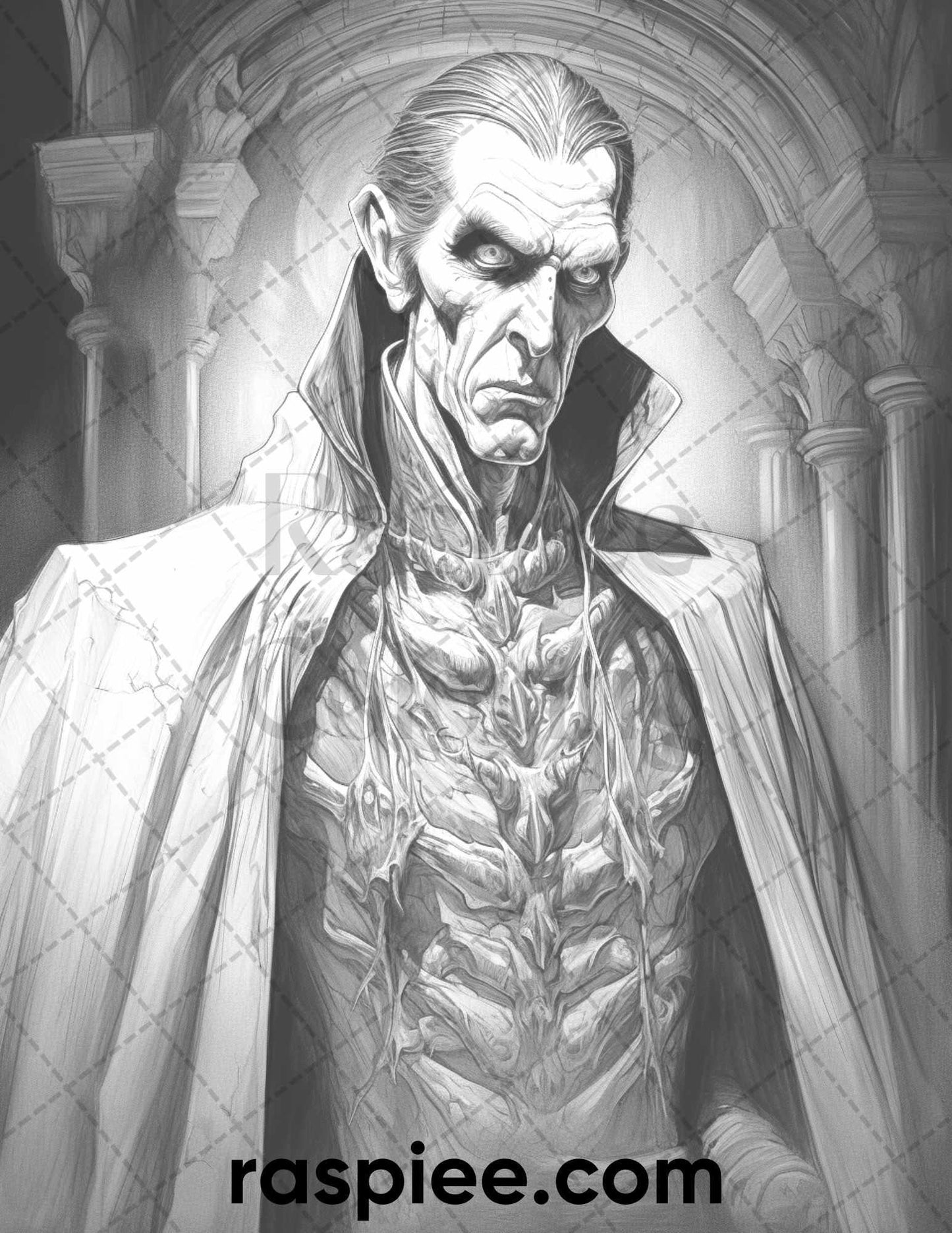 50 Count Dracula Grayscale Coloring Pages Printable for Adults, PDF File Instant Download