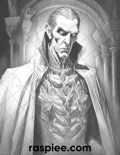 50 Count Dracula Grayscale Coloring Pages Printable for Adults, PDF File Instant Download