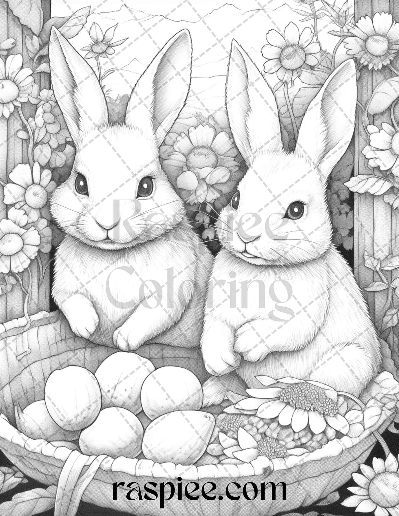 50 Rabbit Garden Grayscale Coloring Pages Printable for Adults, PDF File Instant Download