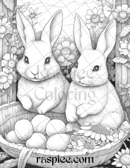50 Rabbit Garden Grayscale Coloring Pages Printable for Adults, PDF File Instant Download