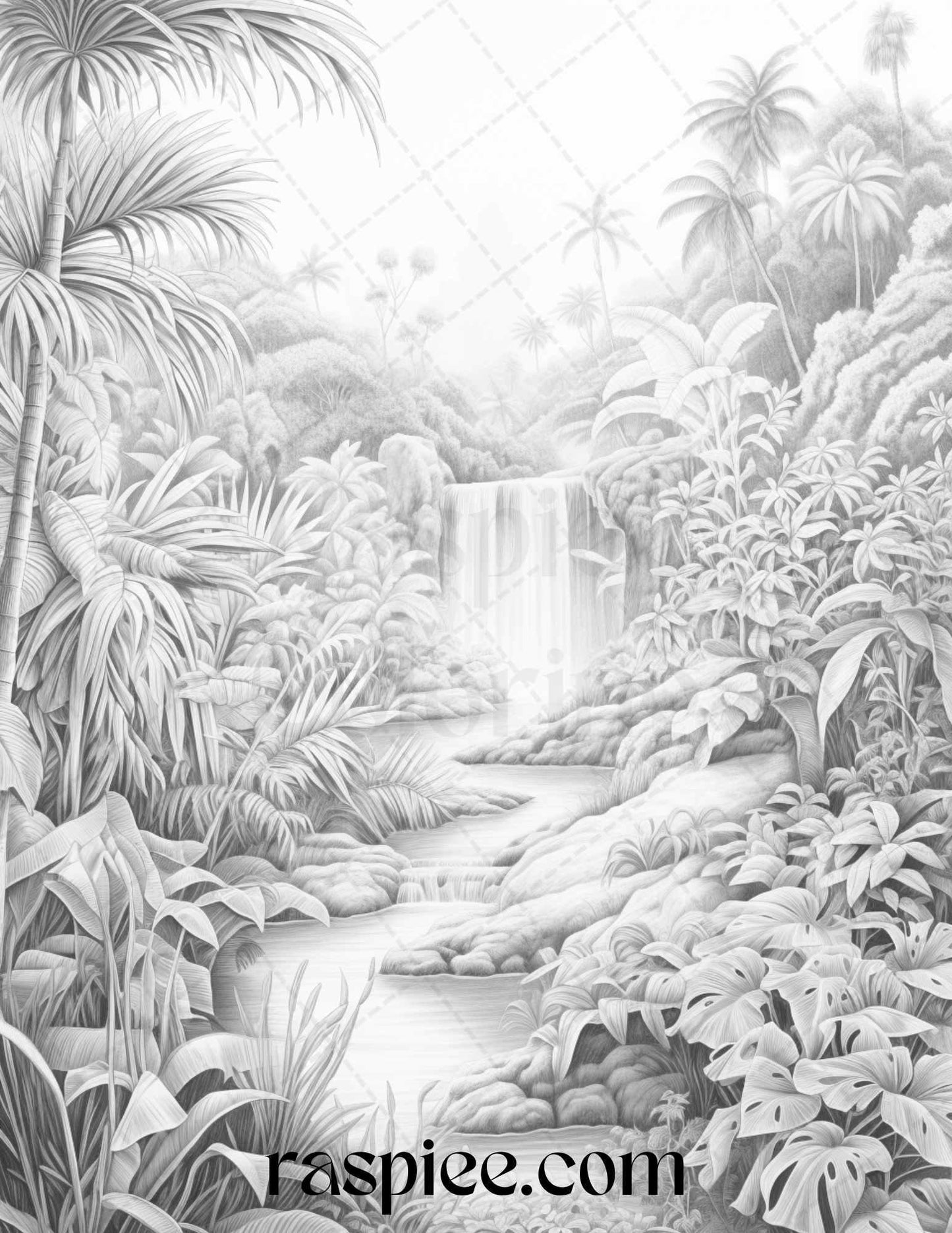 52 Tropical Oasis Grayscale Coloring Pages Printable for Adults, PDF File Instant Download