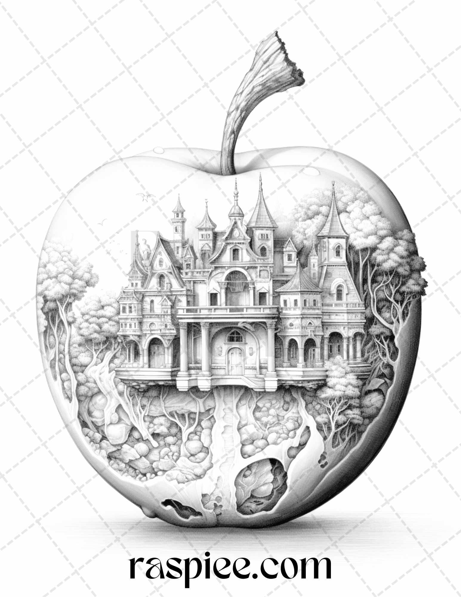 60 Miniworld in the Apple Grayscale Coloring Pages Printable for Adults, PDF File Instant Download