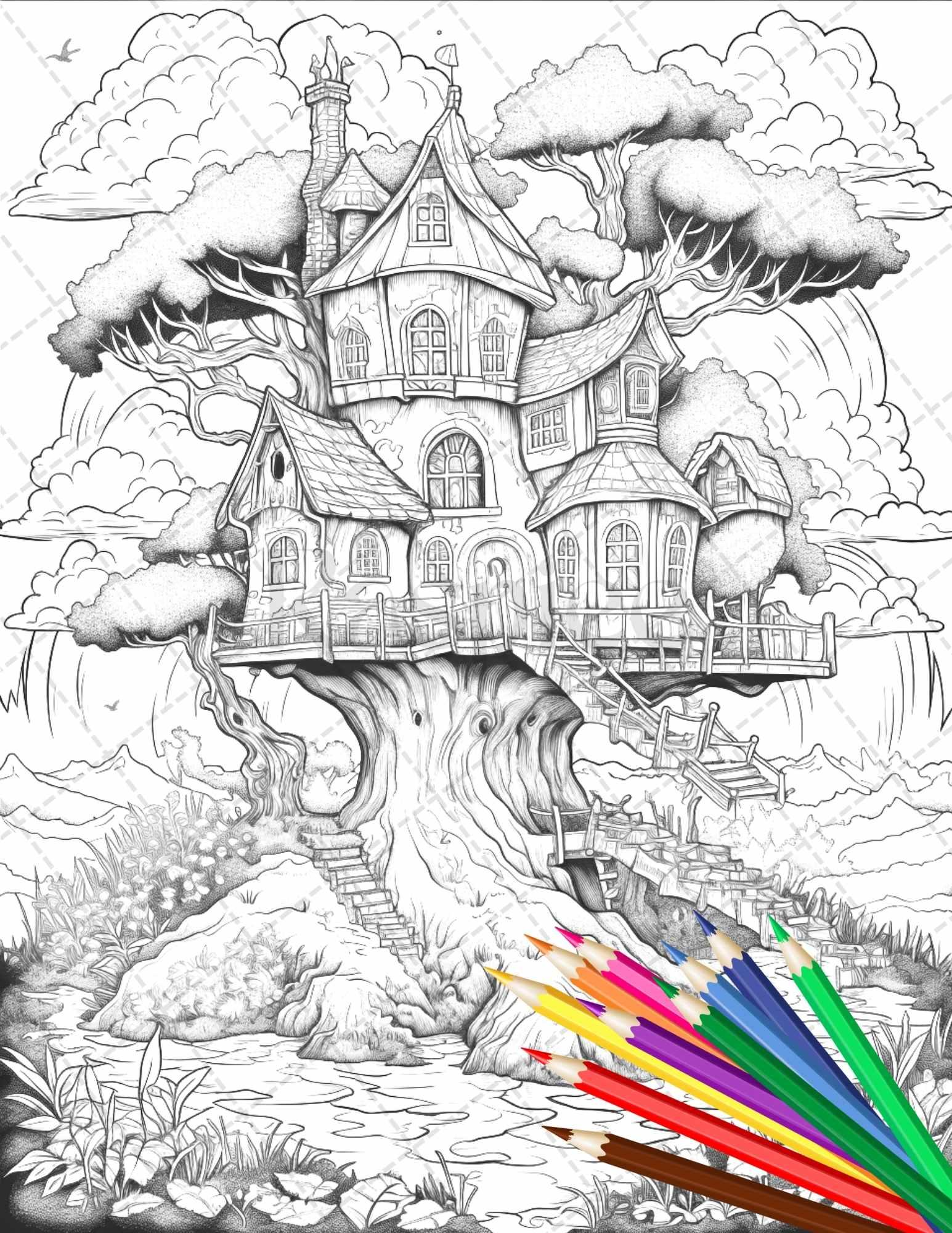 110 Enchanted Treehouse Coloring Book Printable for Adults, Grayscale Coloring Page, PDF File Instant Download