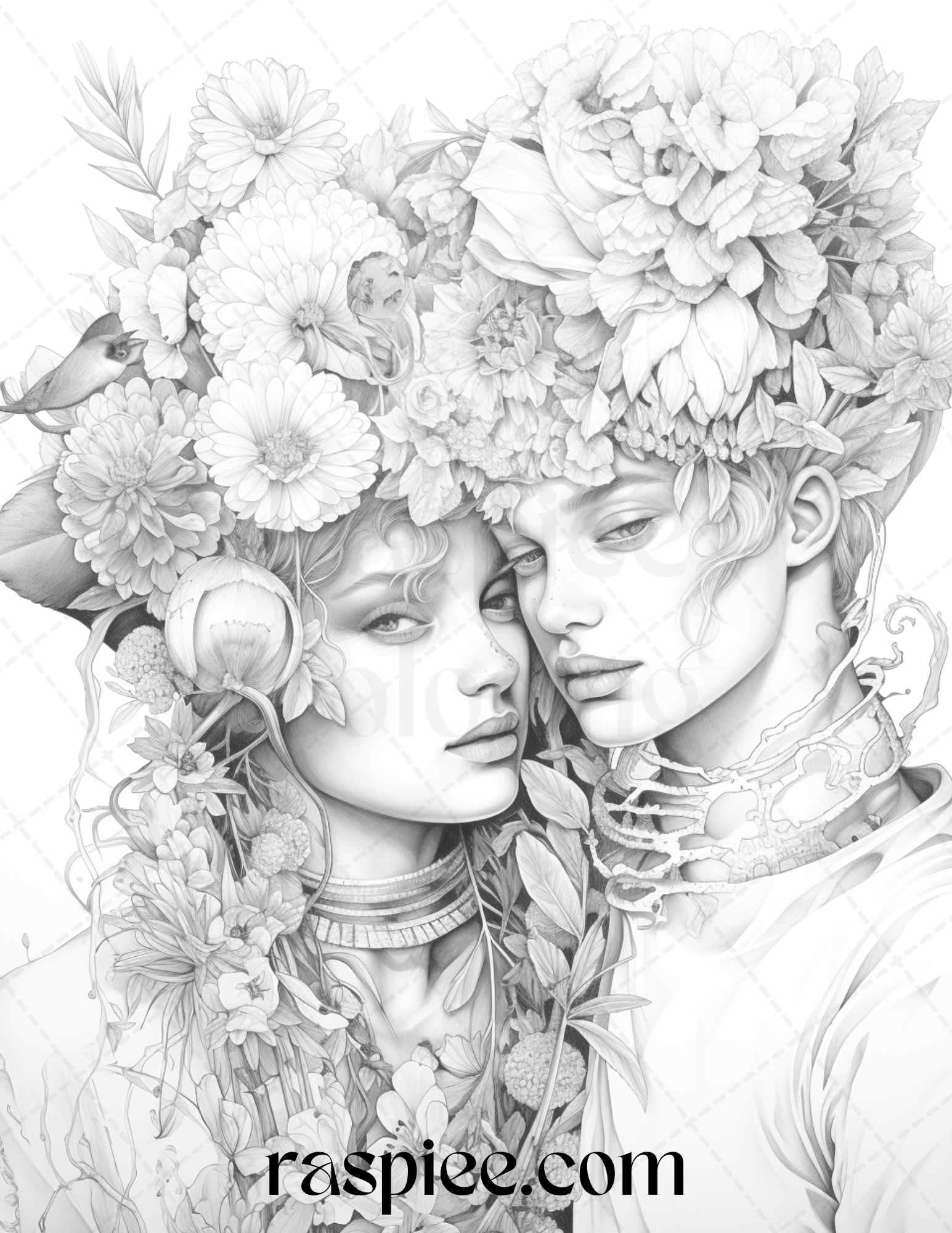 50 Romantic Couple Flowers Grayscale Coloring Pages Printable for Adults, PDF File Instant Download