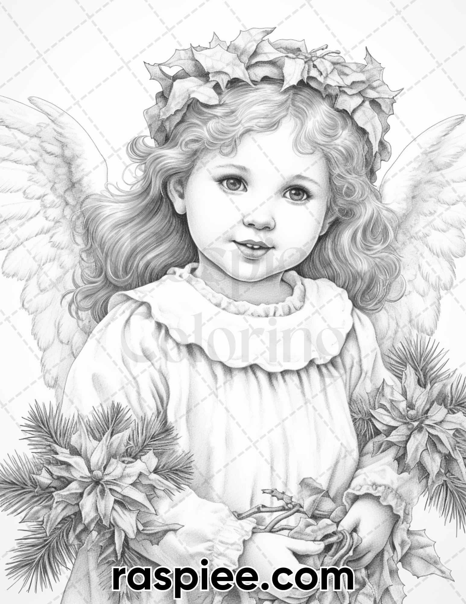 55 Christmas Angel Grayscale Coloring Pages for Adults, Printable PDF Instant Download