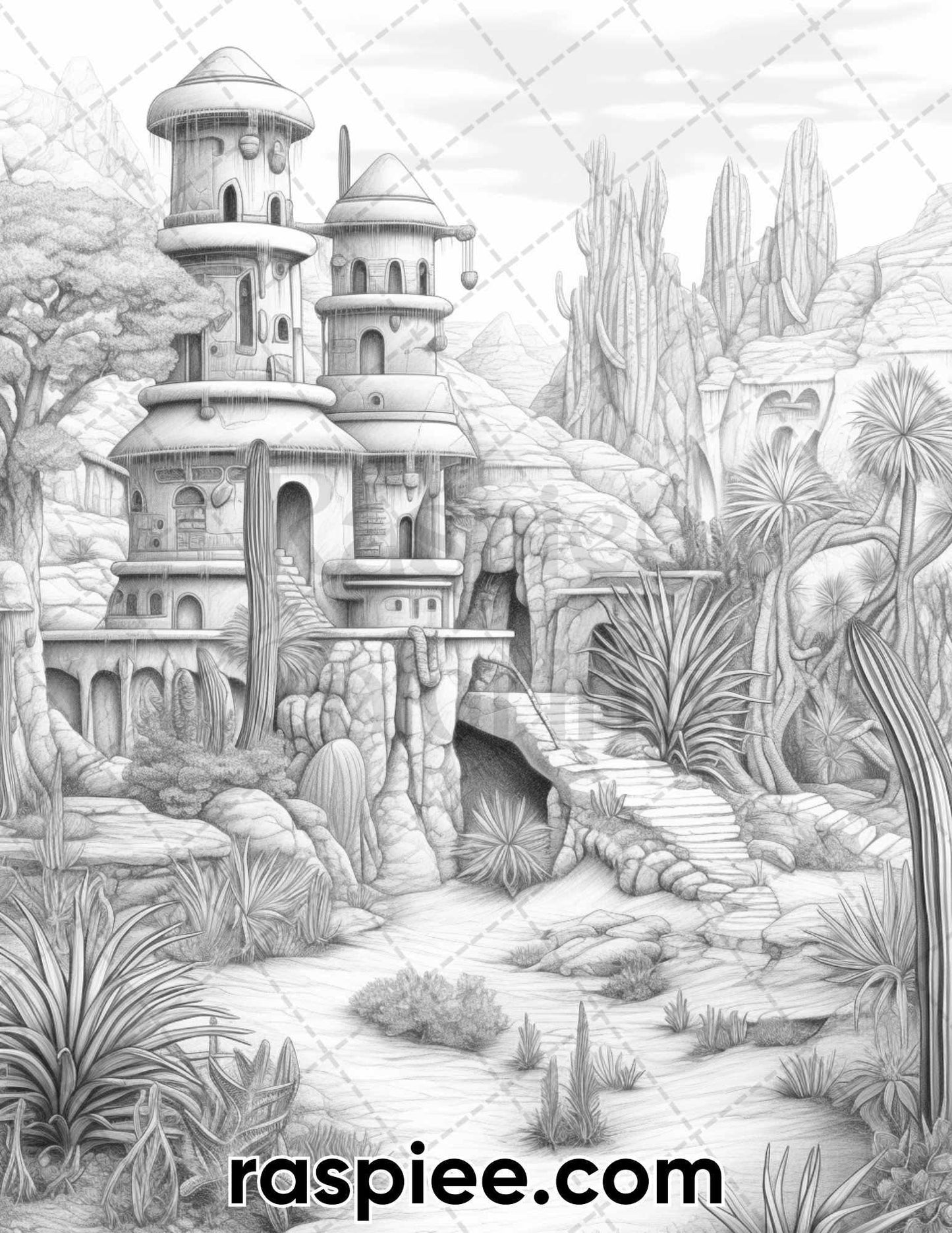 55 Desert Oasis Fairy Homes Grayscale Coloring Pages for Adults, Printable PDF Instant Download