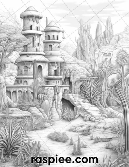 55 Desert Oasis Fairy Homes Grayscale Coloring Pages for Adults, Printable PDF Instant Download