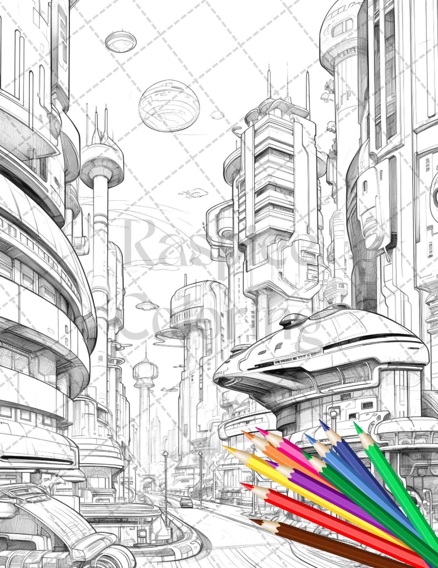 50 Futuristic Metropolis Grayscale Coloring Pages Printable for Adults, PDF File Instant Download