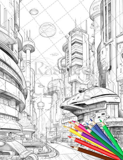 50 Futuristic Metropolis Grayscale Coloring Pages Printable for Adults, PDF File Instant Download