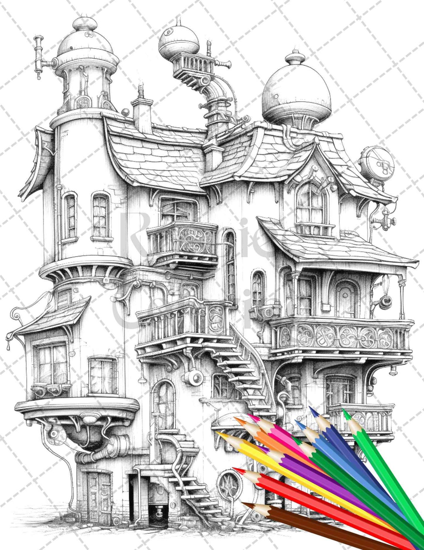 50 Steampunk Houses Grayscale Coloring Pages Printable for Adults, PDF File Instant Download