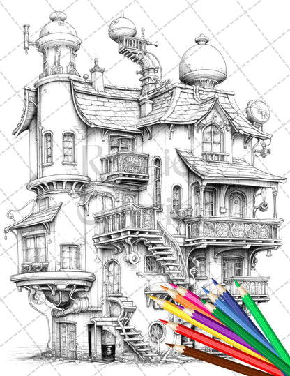 50 Steampunk Houses Grayscale Coloring Pages Printable for Adults, PDF File Instant Download