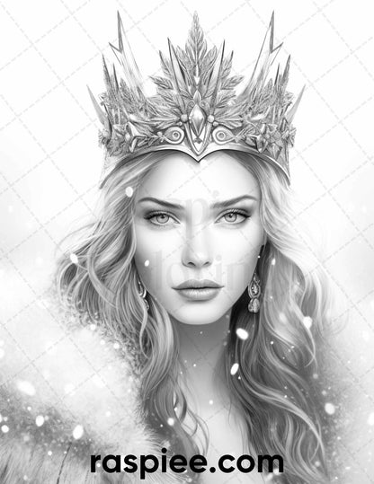 50 Winter Queens Portrait Grayscale Coloring Pages Printable for Adults, PDF File Instant Download