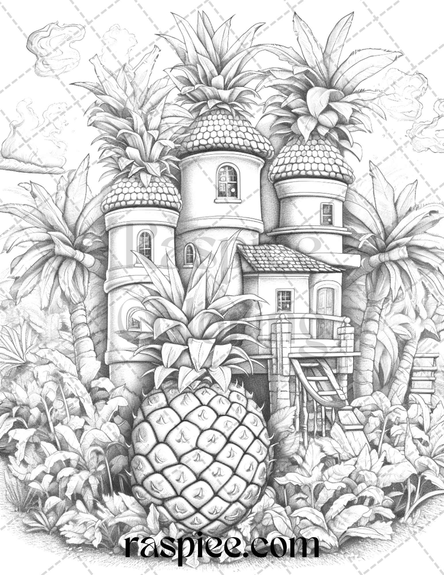 50 Pineapple Houses Grayscale Coloring Pages Printable for Adults, PDF File Instant Download