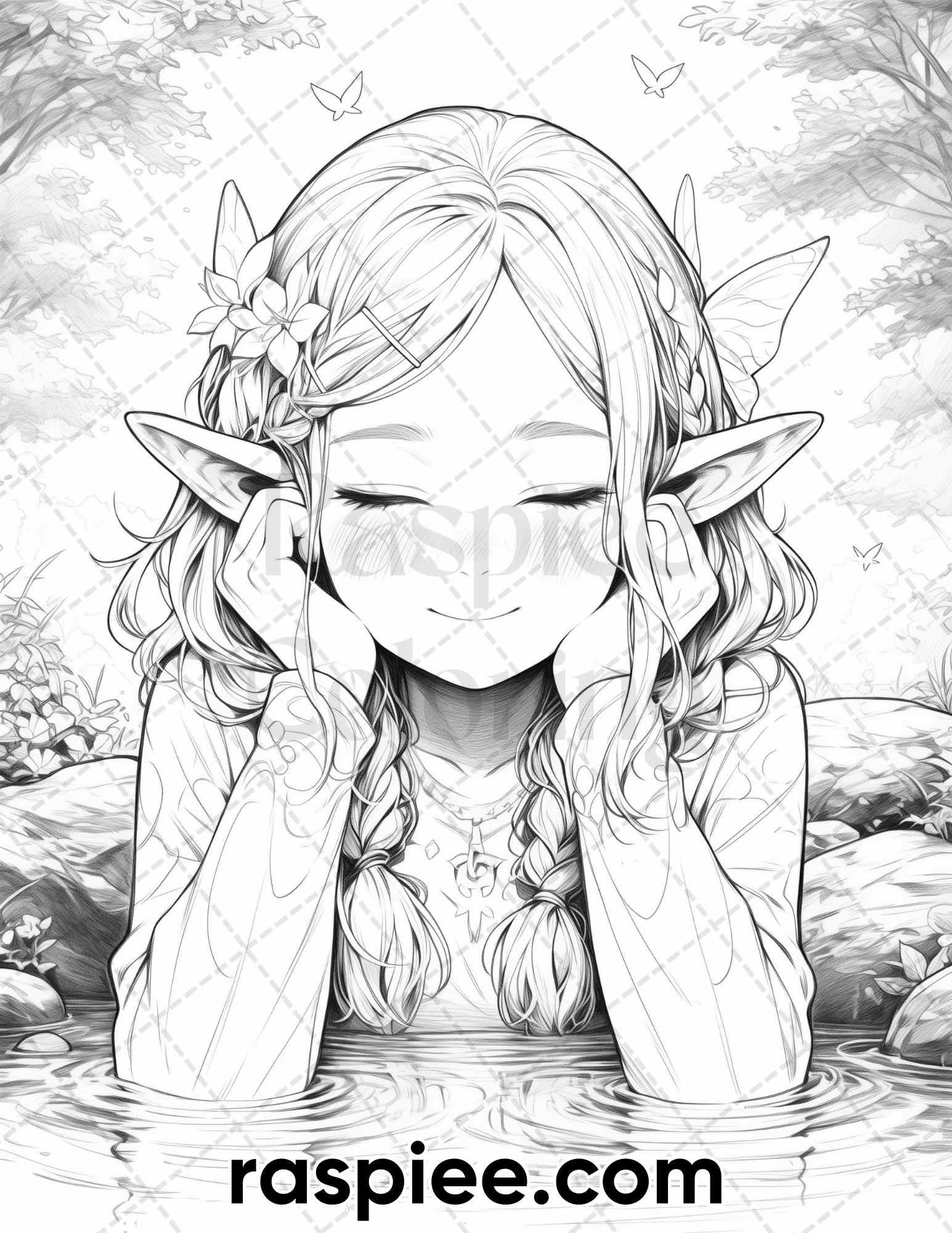 52 Cute Druid Girl Grayscale Coloring Pages for Adults, Printable PDF Instant Download