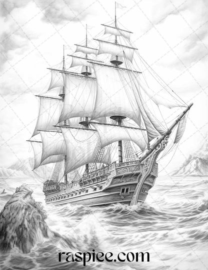 60 Pirate Life Grayscale Coloring Pages Printable for Adults, Stress Relief Coloring, PDF File Instant Download