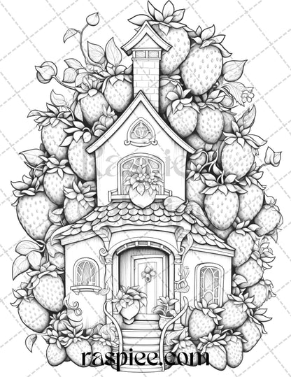 50 Strawberry Houses Grayscale Coloring Pages Printable for Adults Kids, PDF File Instant Download