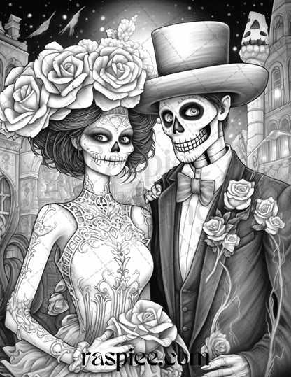 50 Day of the Dead Grayscale Coloring Pages Printable for Adults, PDF File Instant Download