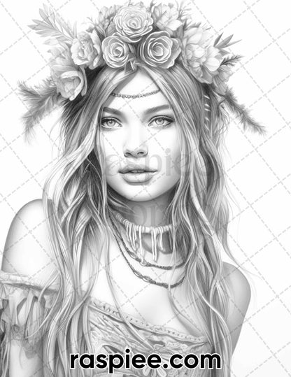 60 Bohemian Beauties Grayscale Coloring Pages for Adults, Printable PDF Instant Download