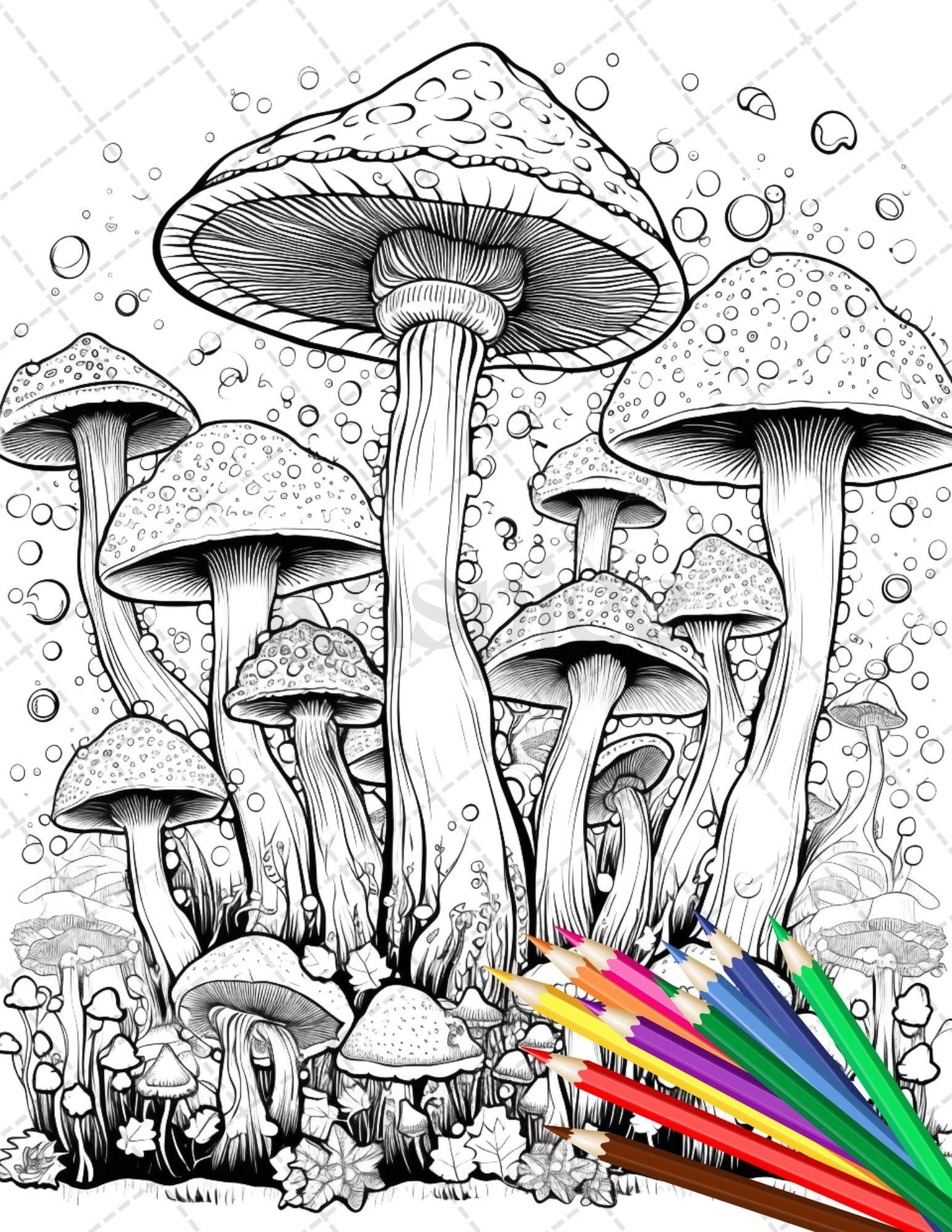 Psychedelic Mushroom Forest Coloring Book Printable for Adults, Trippy Grayscale Coloring Page, PDF File Instant Download