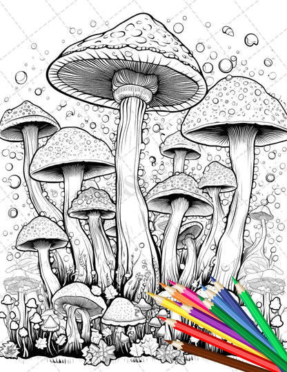 Psychedelic Mushroom Forest Coloring Book Printable for Adults, Trippy Grayscale Coloring Page, PDF File Instant Download